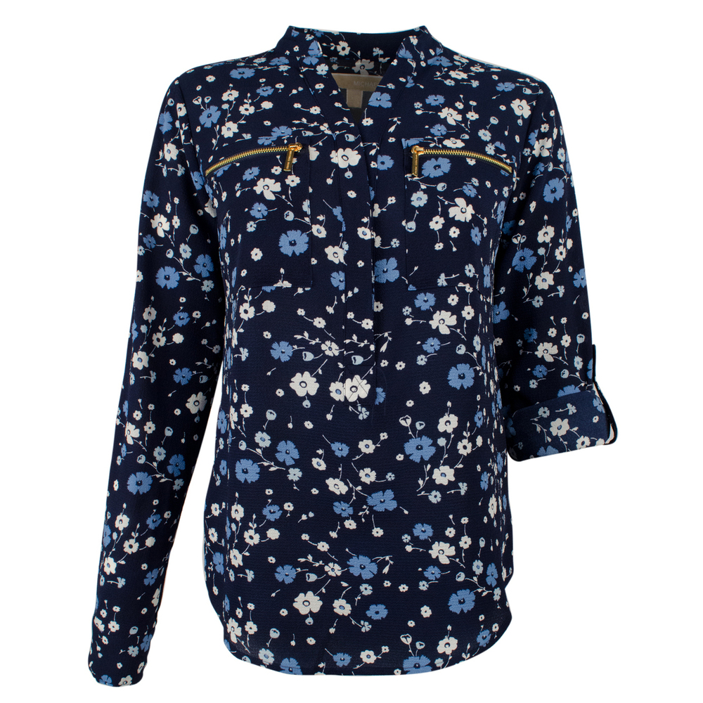 NWT Michael Kors Women's Floral Print Pebble Crepe Zip Pocket Top-B-XS $88